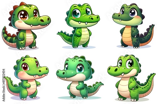 Cartoon illustrations of cute baby alligators and crocodiles  set of animal game characters  isolated on white