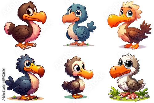 Cartoon illustrations of cute colorful dodo birds, set of animal game characters, isolated on white photo