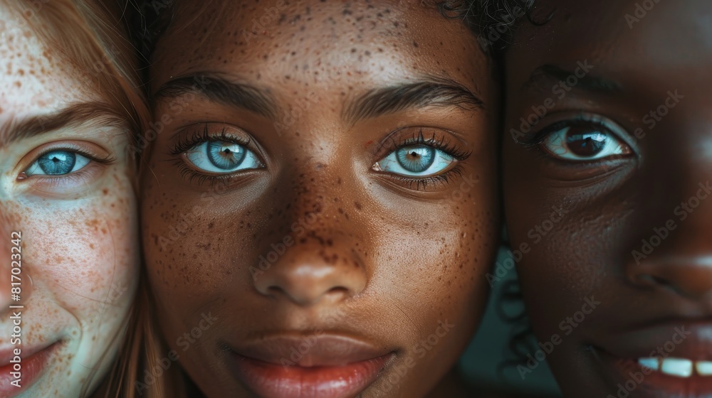 Multiracial friends smiling gently towards the camera, close up on expressive eyes, concept of friendship, hyper-realistic, Double exposure, soft grey backdrop Multiracial friends smiling gently towards the camera, close up on expressive eyes, concept of friendship, hyper-realistic, Double exposure, soft grey backdrop