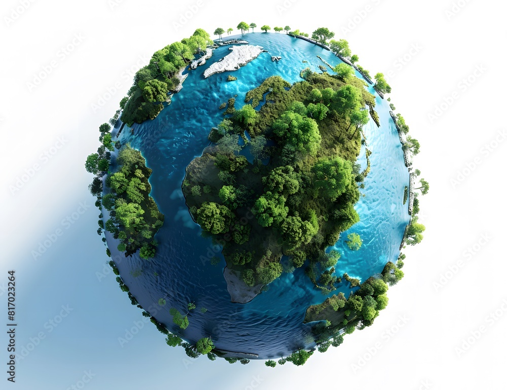 Isometric view of planet earth with blue water and green forest, World Environment Day Isometric view of planet earth with blue water and green forest, World Environment Day