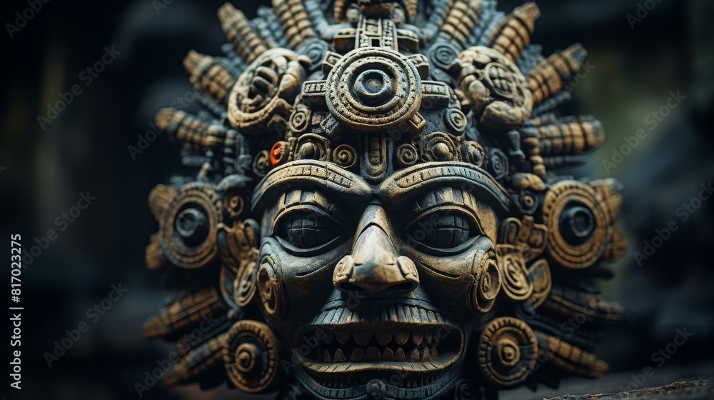Fototapeta premium The photo depicts a Mayan mask. The mask is made of stone and has intricate carvings. The mask is believed to be from the 7th century A.D.
