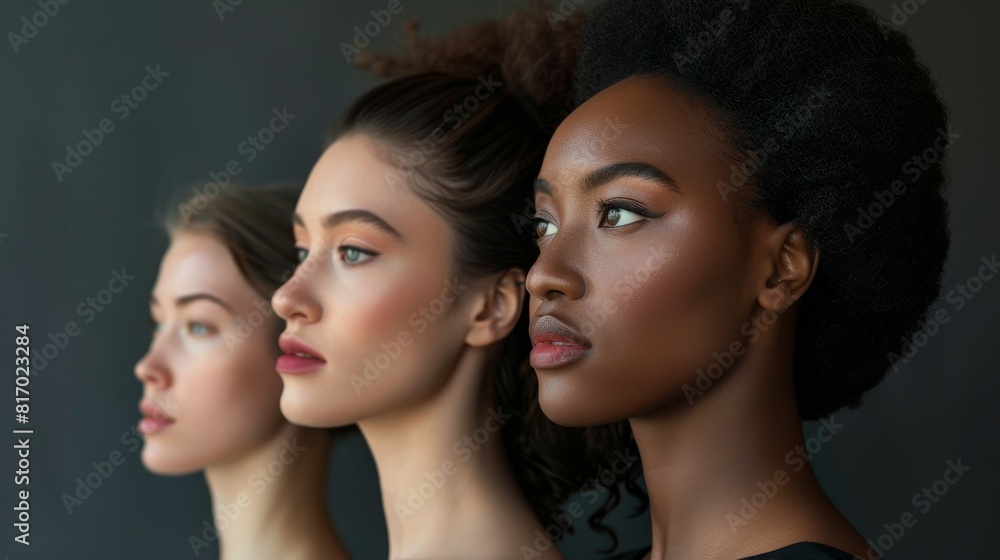 Multiracial women in elegant attire looking serene, selective focus on calm expressions, concept of grace, hyper-realistic, Overlay, smooth grey backdrop