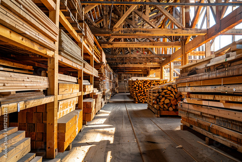 Wallpaper Mural Wooden structure housing diverse lumber stocks, sunlight filtering wooden beams Torontodigital.ca