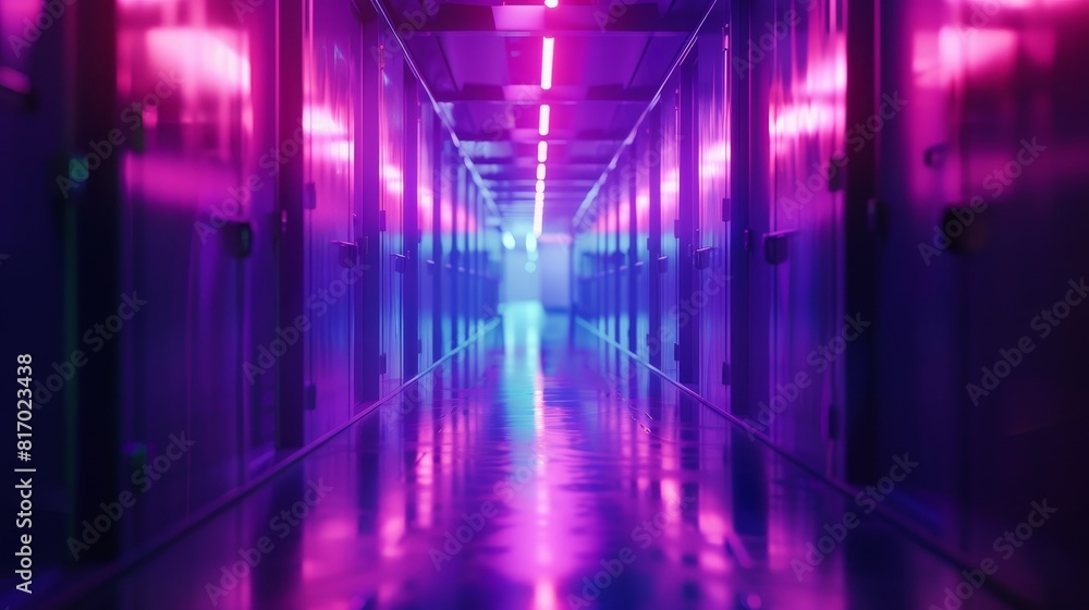 Mysterious corridor bathed in purple and blue lights, close up on ambient glow, theme of secrecy, surreal, Double exposure, secret research facility backdrop Mysterious corridor bathed in purple and blue lights, close up on ambient glow, theme of secrecy, surreal, Double exposure, secret research facility backdrop
