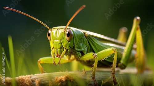 A green grasshopper on a branch.