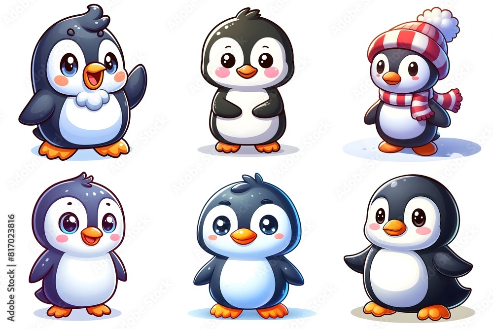 Cartoon illustrations of cute penguins, set of animal game characters, isolated on white Cartoon illustrations of cute penguins, set of animal game characters, isolated on white