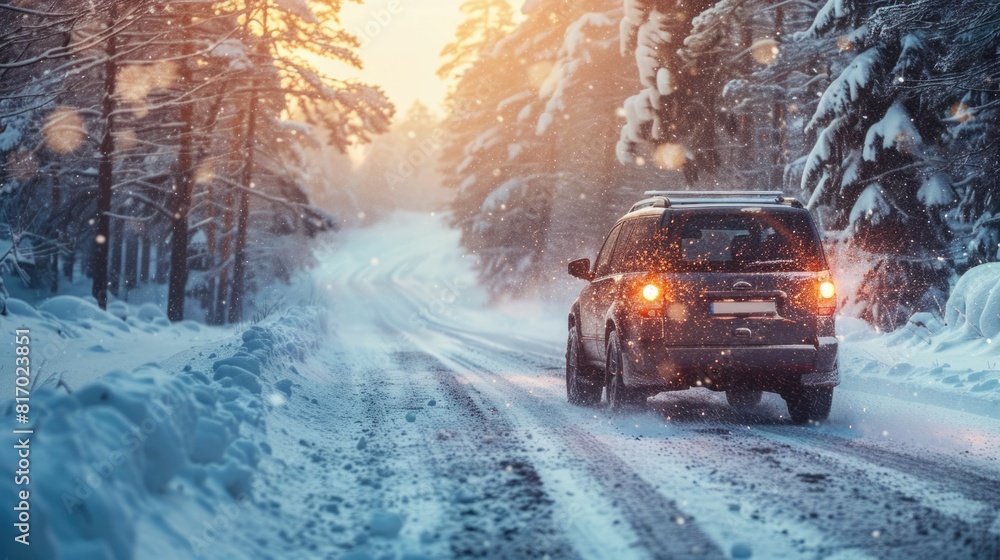 Cozy Vehicle Navigating Through Snowy Winter Wonderland Landscape Cozy Vehicle Navigating Through Snowy Winter Wonderland Landscape