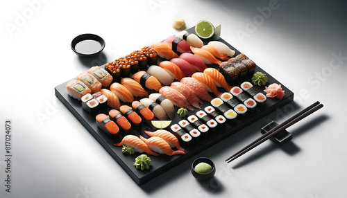a sushi platter, featuring a variety of sushi on a modern black rectangular plate with vivid colors and fresh accompaniments. photo