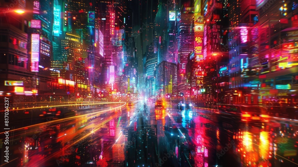 Captivating Night Drive Through a Dazzling Neon Lit Cityscape of Vibrant Colors and Dynamic Motion
