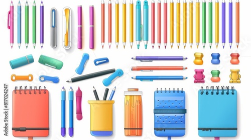 photograph of Pens, colored pencils, erasers, rulers, notebooks, 3d vector cartoon icon set