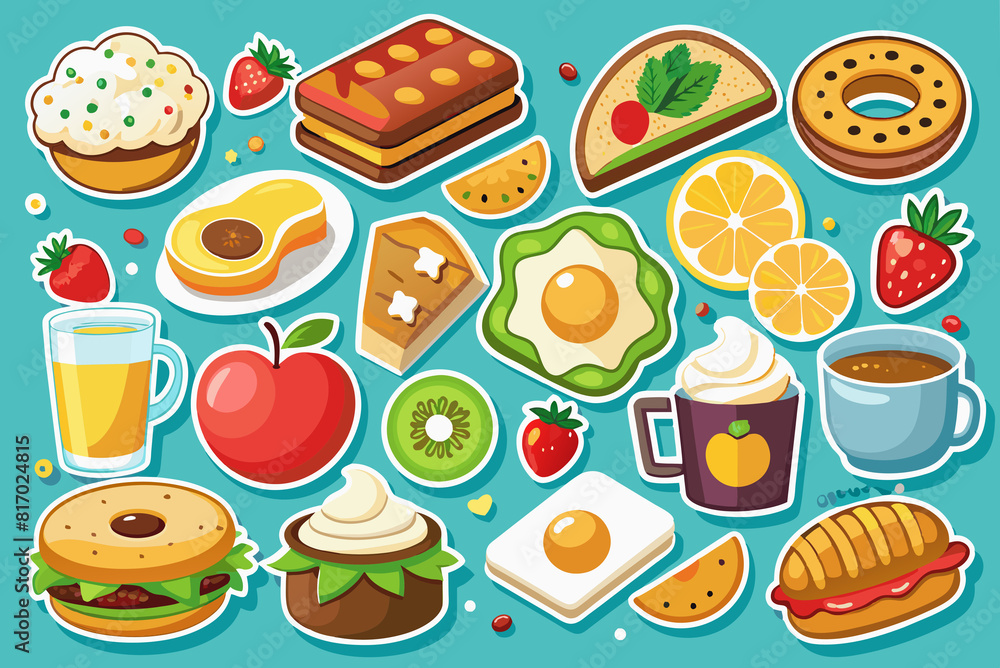 Big set of stickers with food and beverage for breakfast. Big set of stickers with food and beverage for breakfast.