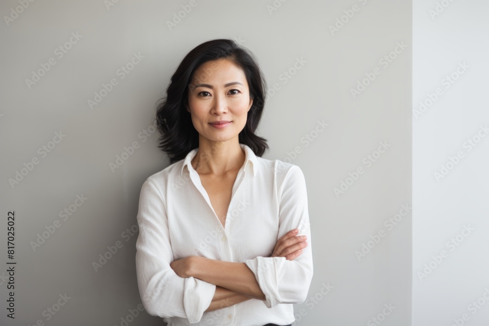 Portrait of a tender asian woman in her 40s with arms crossed while standing against minimalist or empty room background Portrait of a tender asian woman in her 40s with arms crossed while standing against minimalist or empty room background