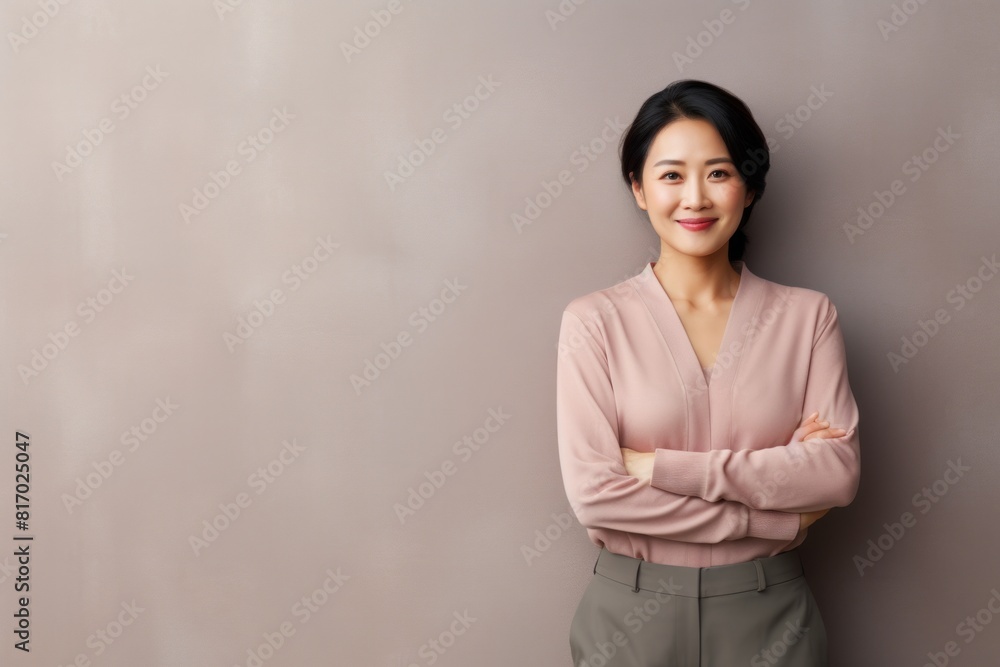 Portrait of a tender asian woman in her 40s with arms crossed over minimalist or empty room background Portrait of a tender asian woman in her 40s with arms crossed over minimalist or empty room background