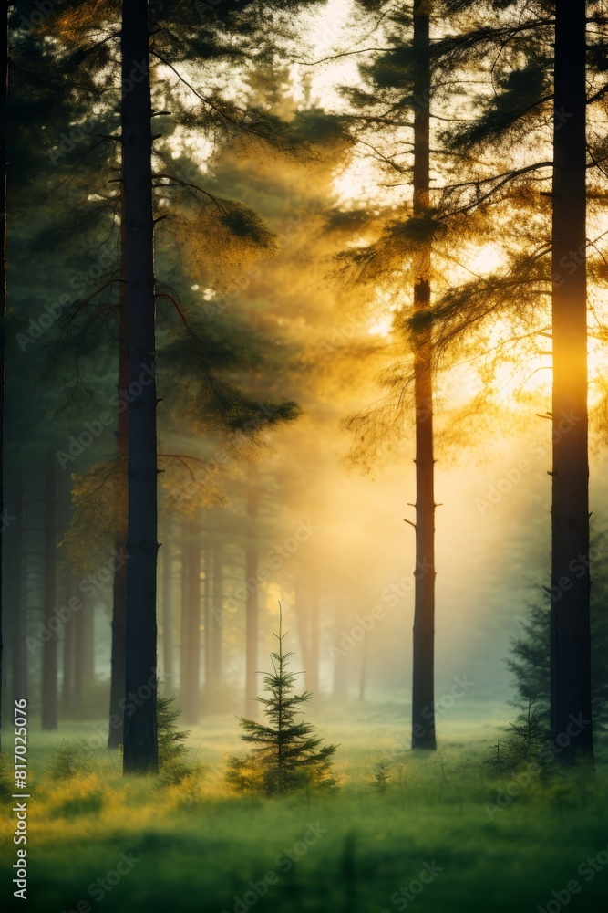 Fototapeta premium Morning forest with trees appearing blurry