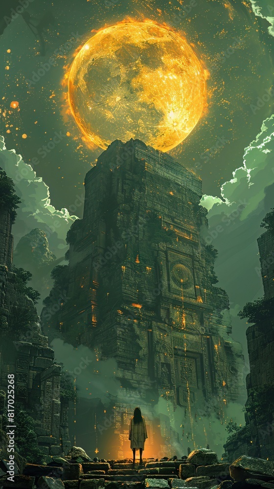 Obraz premium A mystical journey of young adventurers through ancient ruins, discovering hidden knowledge for International Youth Day
