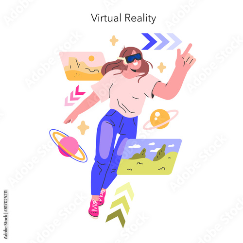 Virtual Reality experience An enthusiast explores digital landscapes, delving into immersive worlds with VR technology Interactive gaming ascends to new dimensions Vector illustration
