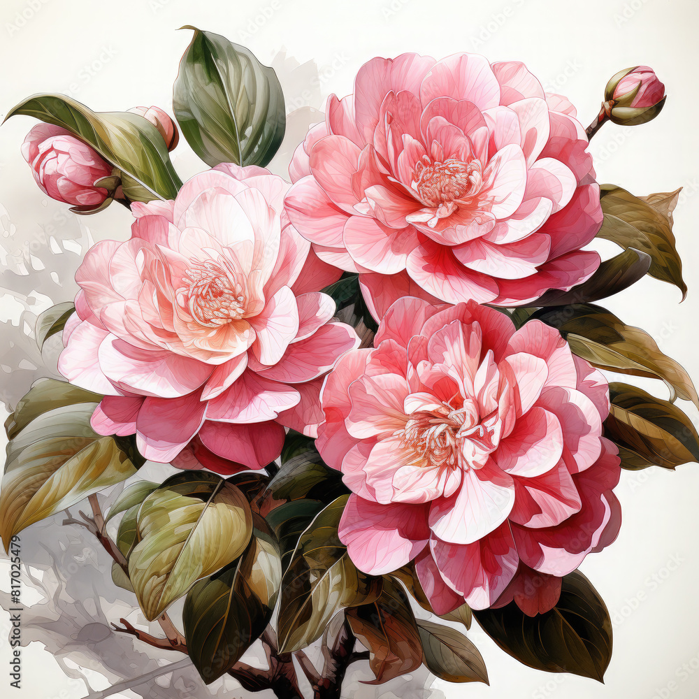 Watercolor Camellia Illustration, Generative Ai Watercolor Camellia Illustration, Generative Ai