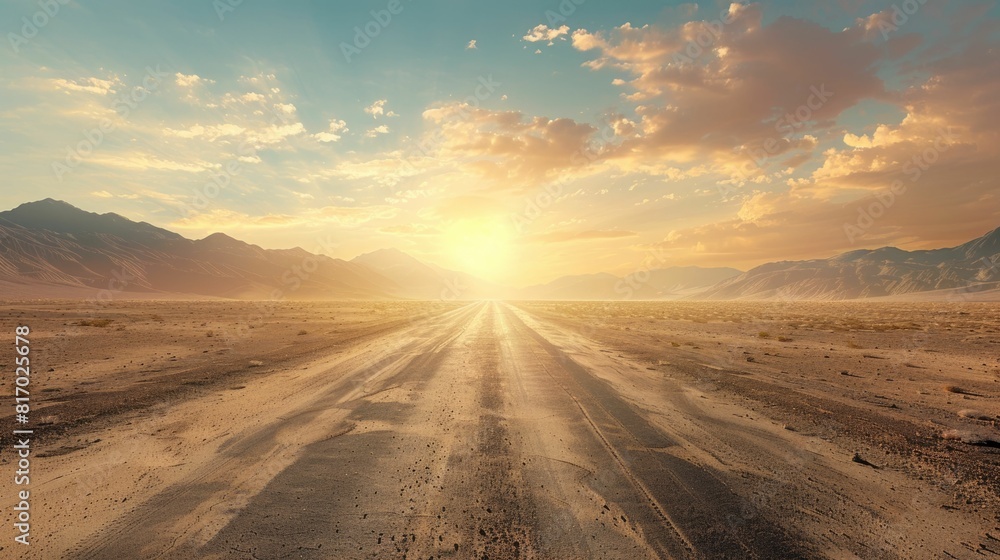 Endless Desert Highway Under Scorching Sunlight Stretching Towards Distant Horizon