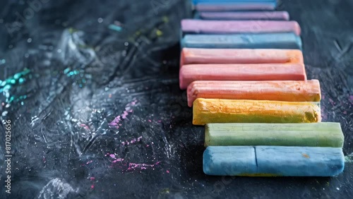 Multicolored chalk sticks on blackboard surface with dust photo