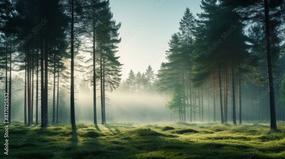 Morning forest with trees appearing blurry Morning forest with trees appearing blurry