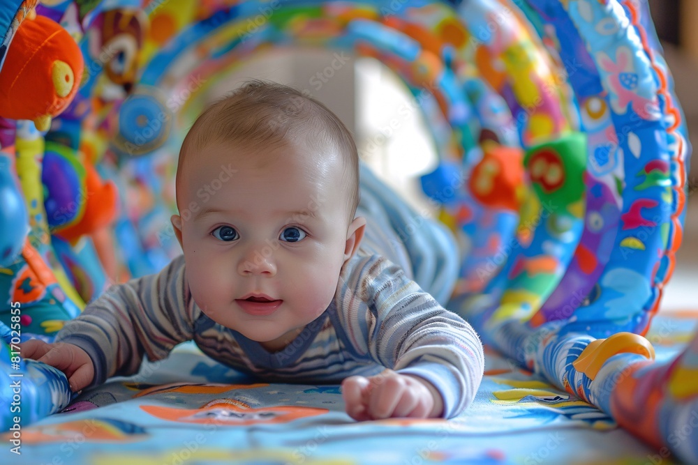 A baby is crawling through a tunnel of various colorful toys, exploring their surroundings with curiosity and excitement A baby is crawling through a tunnel of various colorful toys, exploring their surroundings with curiosity and excitement