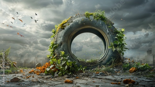 A large tire covered in vines and plants with a hole in the middle sits in a junkyard.