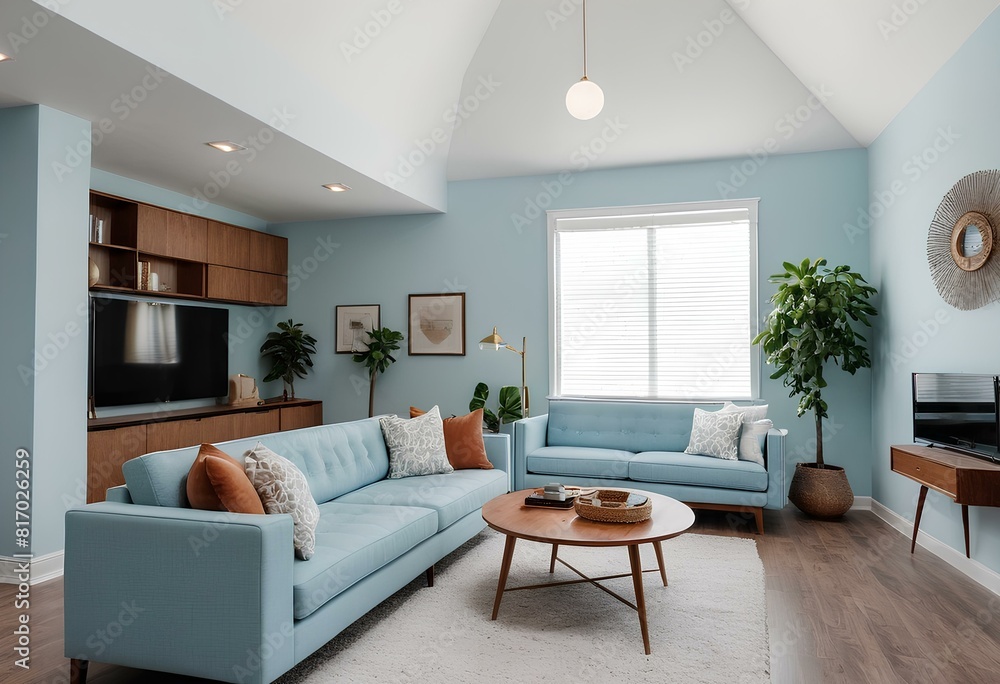 Fototapeta premium Vintage Vibes Mid-Century Modern Living Room with a Cozy Sofa, Wooden Coffee Table, and Artistic Poster