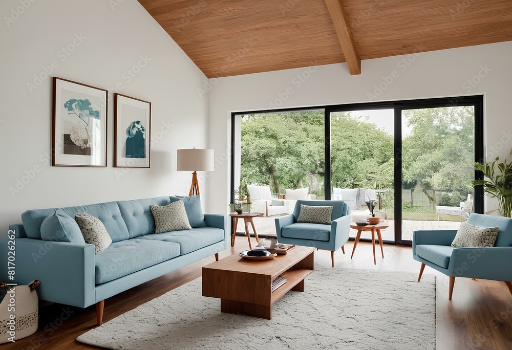 Fototapeta premium Elegant Interiors A Double-Height Ceiling, Comfy Sofa, Wooden Coffee Table, and Retro Poster