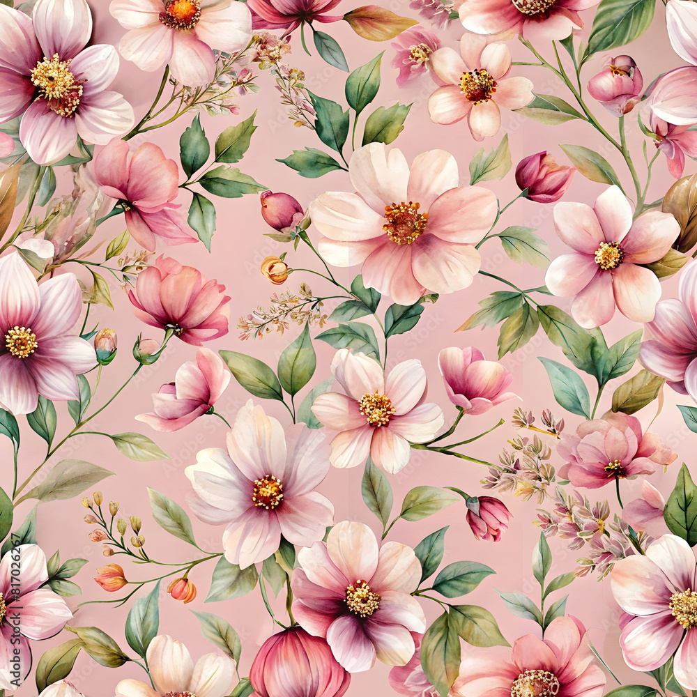 Gentle Blossoms: Hand-Painted Floral Seamless Pattern, Perfect for: Spring-themed textiles, Feminine stationery designs, Wedding invitations, Floral product packaging.
