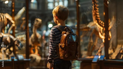 Young boy with backpack observes dinosaur skeletons in museum exhibit photo