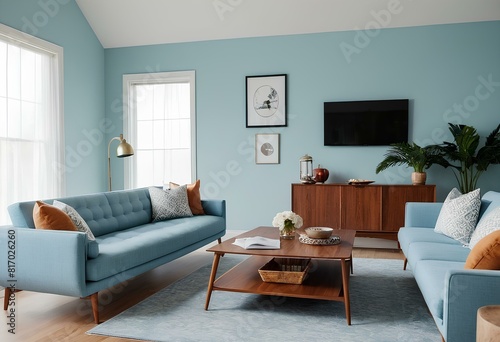 Timeless Elegance Powder Blue Sofa  Chic Chair  and Striking Poster in a Double-Height Bedroom