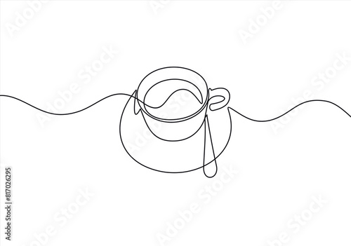 Hot coffee cup aroma steam in continuous line art drawing style. Black linear design isolated on white background. Vector illustration
