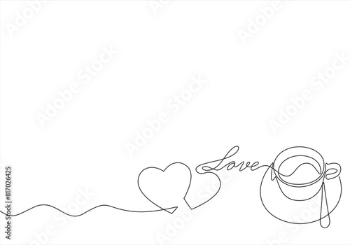 Hot coffee cup with heart shape aroma steam in continuous line art drawing style. Black linear design isolated on white background. Vector illustration