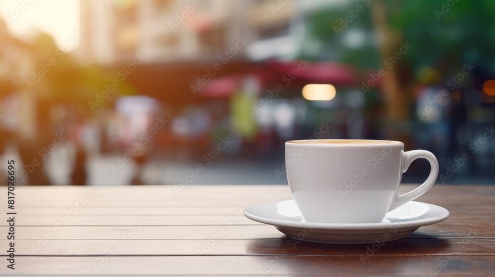 Morning coffee. White cup of coffee on table in outdoors Morning coffee. White cup of coffee on table in outdoors