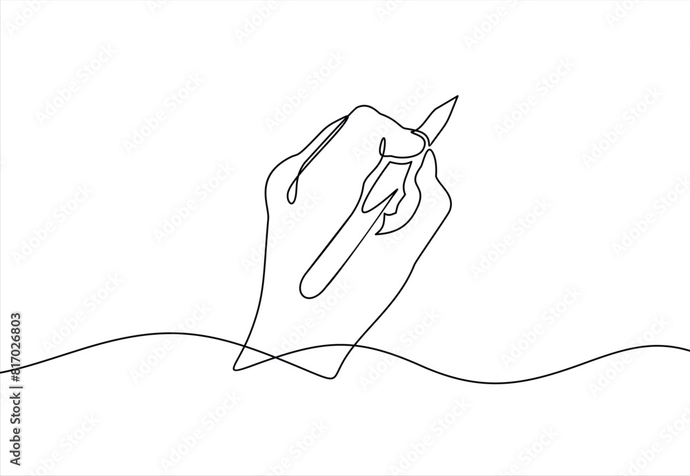 Hand holding pen Continuous line drawing. Hand drawing line with pen in one line drawing isolated on white background. Vector illustration Hand holding pen Continuous line drawing. Hand drawing line with pen in one line drawing isolated on white background. Vector illustration