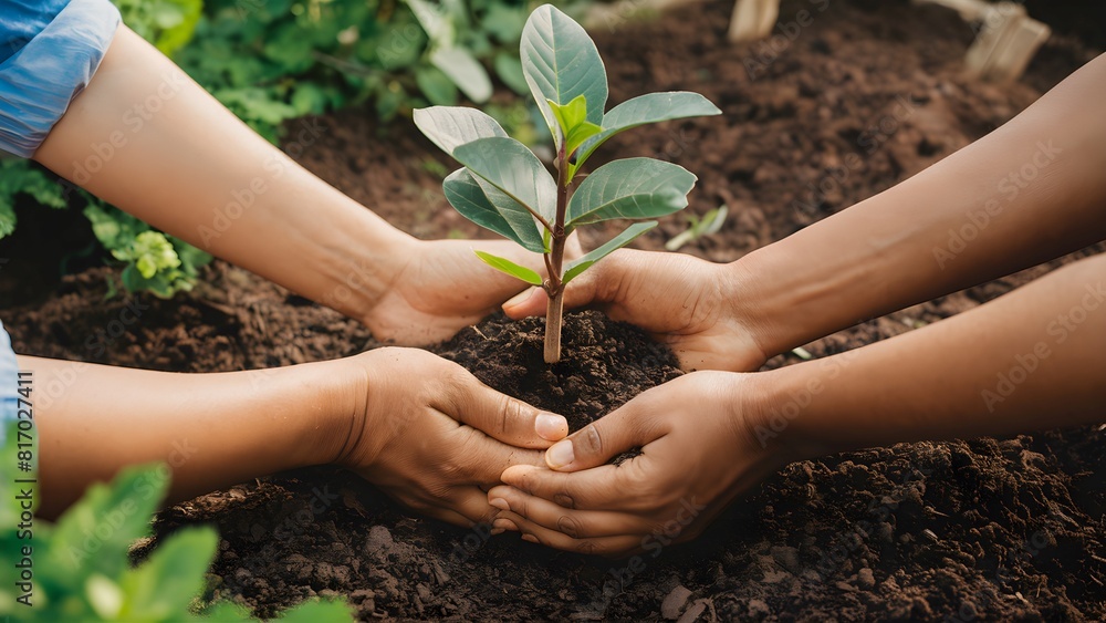 Hands are planting the plants into the ground. Little trees are growing in the garden. Hands are planting the plants into the ground. Little trees are growing in the garden.