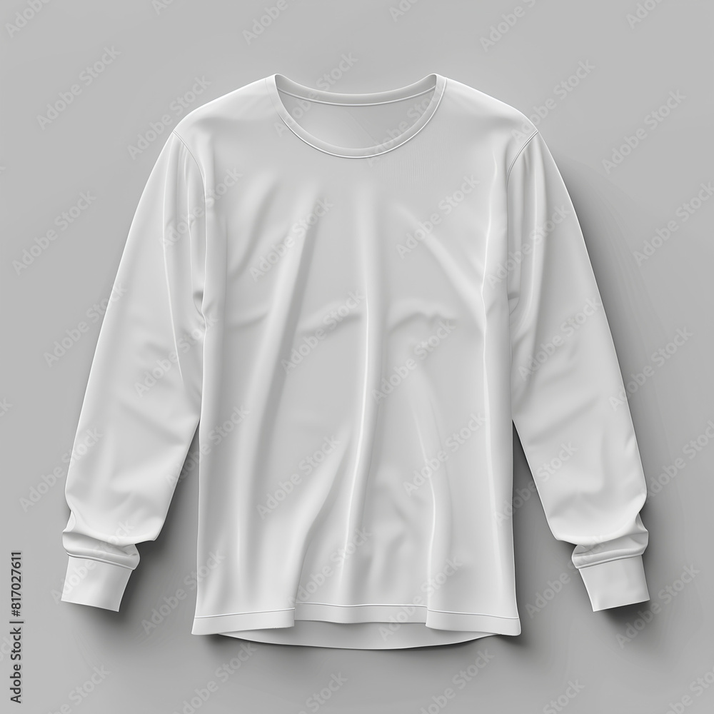 A mockup of an all white long sleeve tshirt on a gray background, front view. The shirt is smooth and has no wrinkles or creases. A mockup of an all white long sleeve tshirt on a gray background, front view. The shirt is smooth and has no wrinkles or creases.