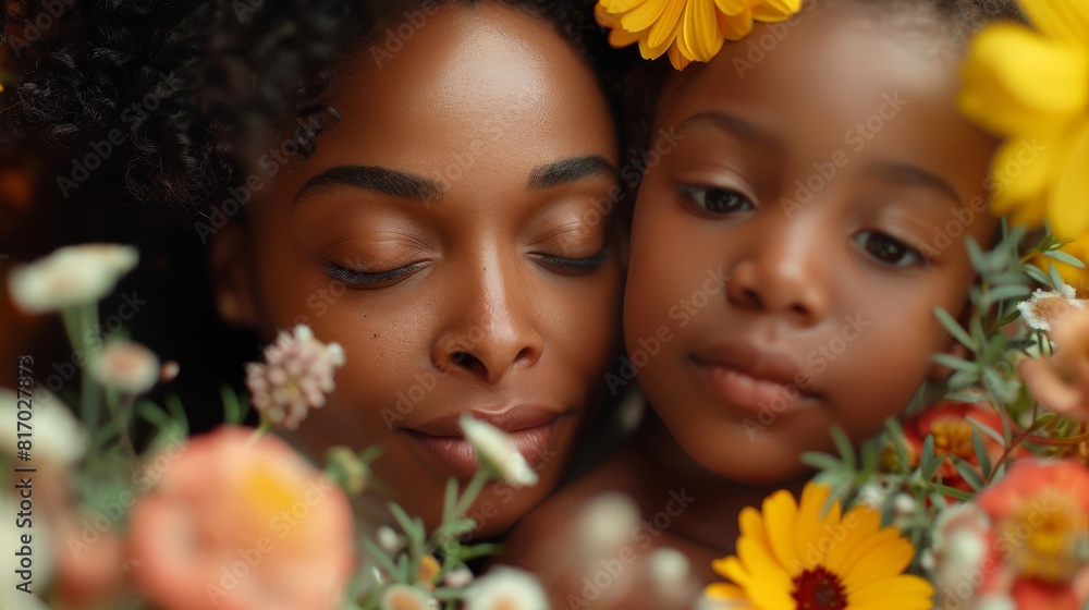 a afro mother and child embracing, with a bouquet of flowers in the foreground. a afro mother and child embracing, with a bouquet of flowers in the foreground.