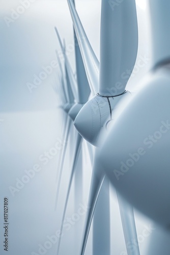 Close-Up View Of Offshore Wind Turbines In A Row At Sea Captured On A Foggy Day