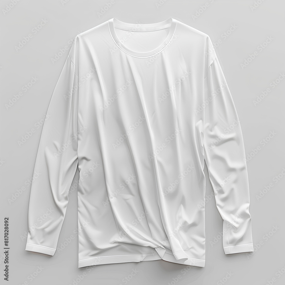 A white longsleeved Tshirt with round neck, loose fit and no wrinkles on gray background. The shirt is made of fine cotton material for comfort and breathability in summer wear. A white longsleeved Tshirt with round neck, loose fit and no wrinkles on gray background. The shirt is made of fine cotton material for comfort and breathability in summer wear.