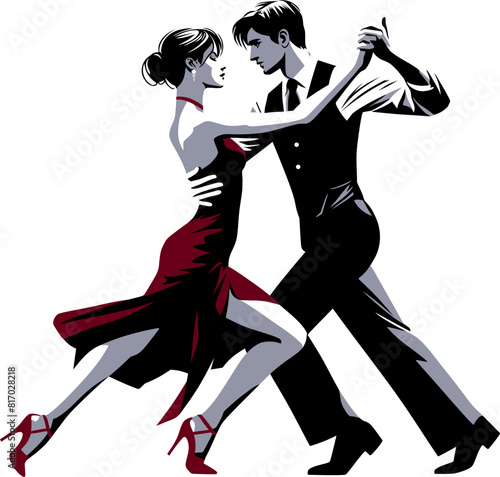 a guy in a white shirt and a girl in a red dress dance