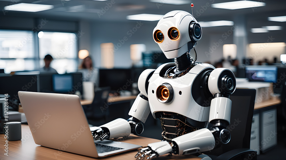 Fototapeta premium Robot at the computer. Office worker ai robot., Generative AI