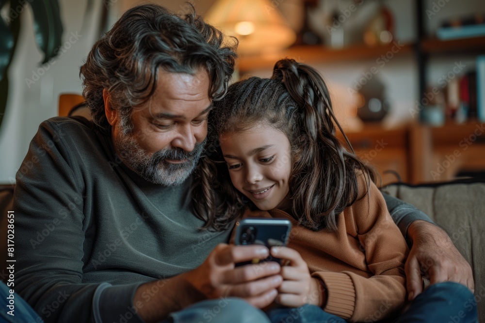 Fototapeta premium a happy 10-year-old girl showing something on the phone to her father on the couch at home.