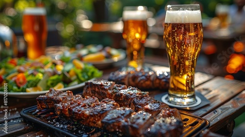  The dinner table in the backyard has delicious meat and beer, grilled on the barbecue, salads 