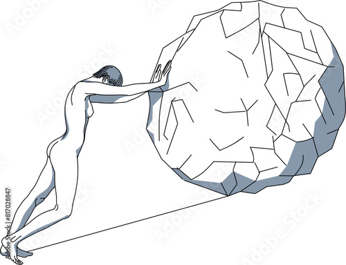 a strong woman rolls a large angular stone up an inclined plane
