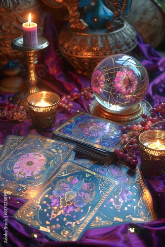  mystical and atmospheric scene with tarot cards, a crystal ball and candles on a richly decorated purple cloth. 