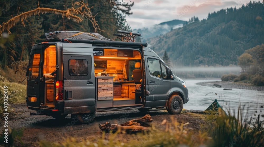 Adventurous Van Journey Through Stunning Wilderness Landscape with Serene Lake and Mountain Backdrop Adventurous Van Journey Through Stunning Wilderness Landscape with Serene Lake and Mountain Backdrop