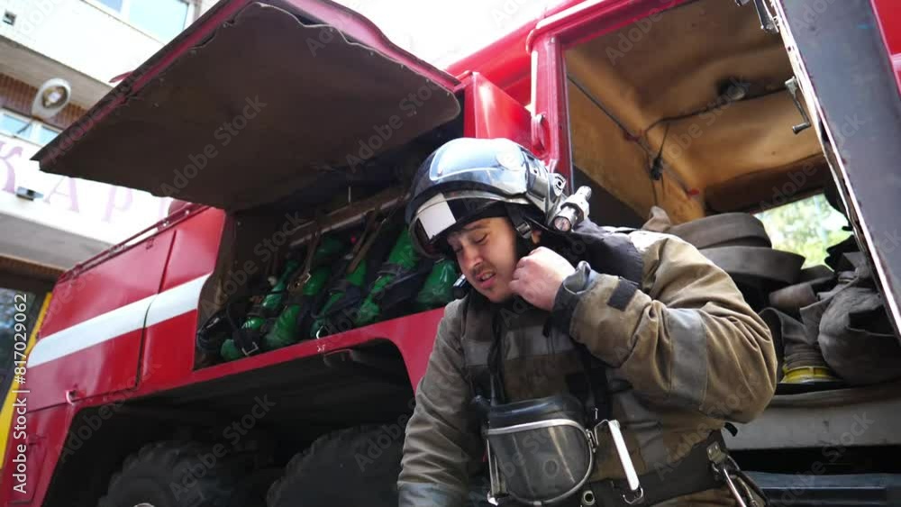 custom made wallpaper toronto digitalMale firefighter taking off helmet against background of a red truck. Young fireman removing equipment from himself after extinguishing fire. Concept of saving lives and heroic profession. Slow mo