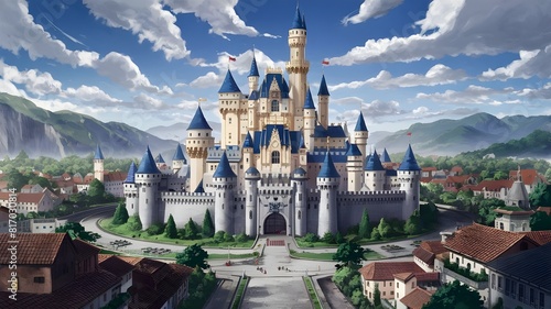 Anime style, Ragnarok anime, majestic castle, situated at the center of a vast town capital, anime, poster, illustration