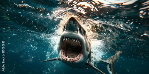 Ferocious Great White Shark with Gaping Jaws Emerging from Churning Ocean Waves